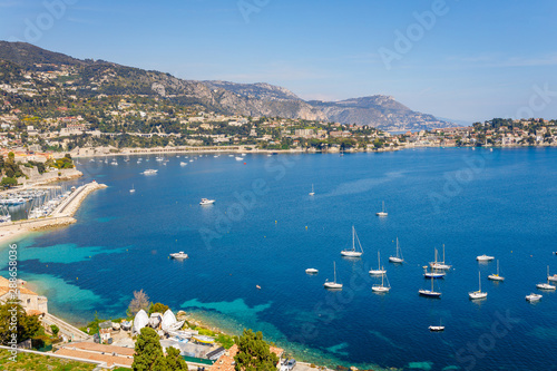 Landscape panoramic coast view between Nice and Monaco, Cote d'Azur, France, South Europe. Beautiful luxury resort of French riviera. Famous tourist destination with nice beach on Mediterranean sea