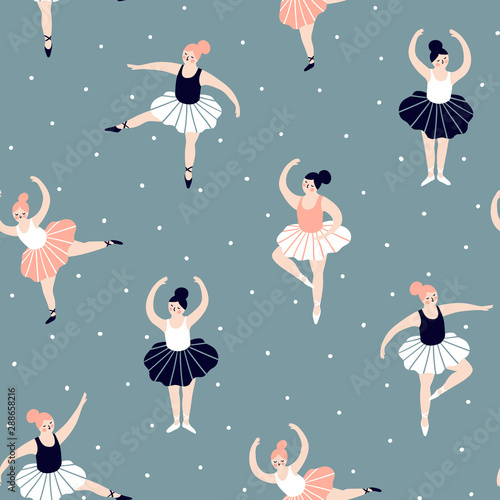 Seamless pattern with hand drawn  ballerinas. Cute dancing girls isolated on blue background. Vector fashion repeated background for wallpaper, wrap paper or fabric.