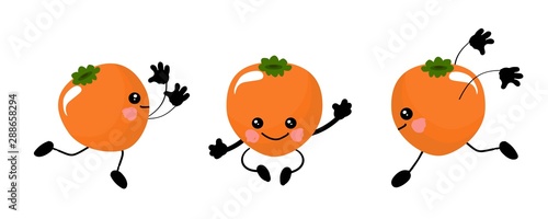 Persimmon kawaii character dancing in various poses. Fruits are funny and healthy..