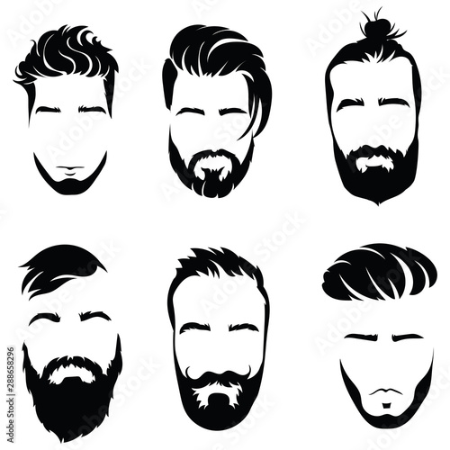 Set of hairstyles for men. Collection of black silhouettes of hairstyles and beards. Vector illustration for hairdresser.