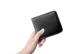 hand holding black leather wallet isolated on white background with clipping path