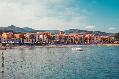 Panorama of Collioure harbour, Languedoc-Roussillon, France, South Europe. Ancient town with old castle on Vermillion coast of French riviera. Famous tourist destination on Mediterranean sea