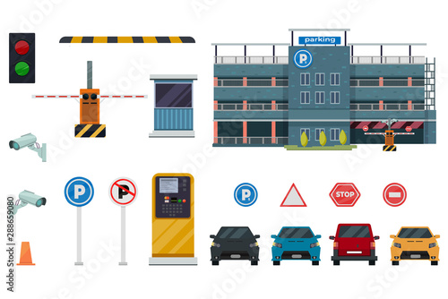 Icon isolated flat conceptual parking set with different aspects of parking process vector illustration