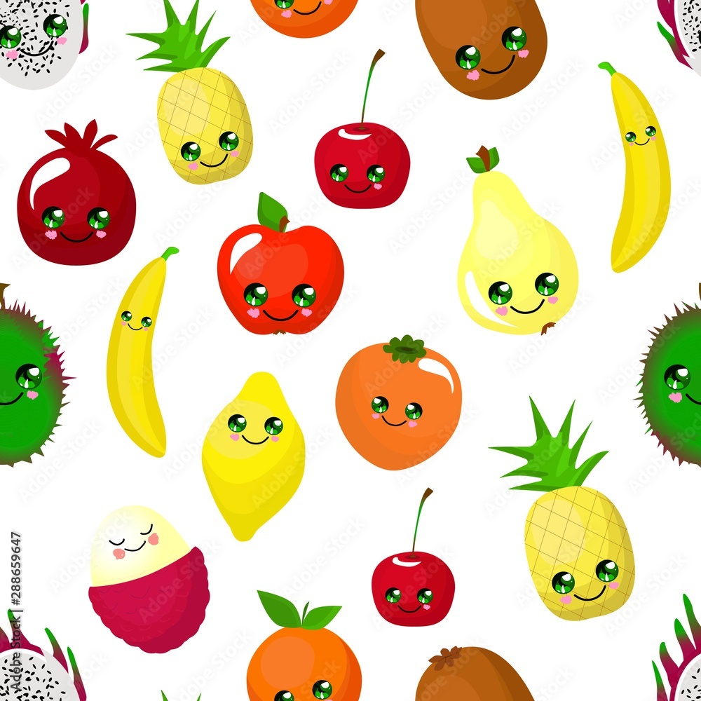 SEAMLESS fruit pattern apple, pear, persimmon, pitaya and durian. Orange and banana. Funny cute faces character.. SEAMLESS fruit pattern apple, pear, persimmon, pitaya and durian. Orange and banana. Funny cute faces character..