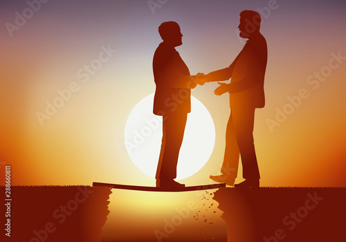 Concept de l’hypocrisie avec la rencontre entre deux hommes d’affaire, l’un crédule, fait face à son concurrent qui va le faire tomber dans un précipice sans aucun scrupule.