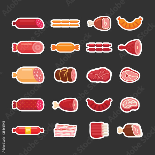 Vector iilustration of a different kinds of meat in sticker style