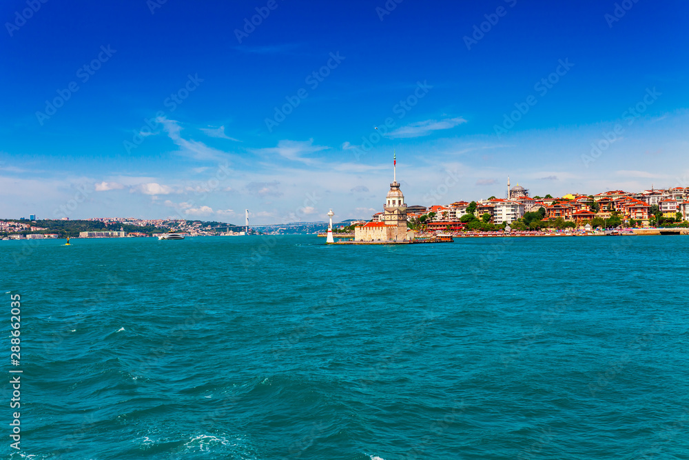 Panoramic view of Istanbul. Panorama cityscape of famous tourist destination Bosphorus strait channel. Travel landscape Bosporus, Turkey, Europe and Asia.