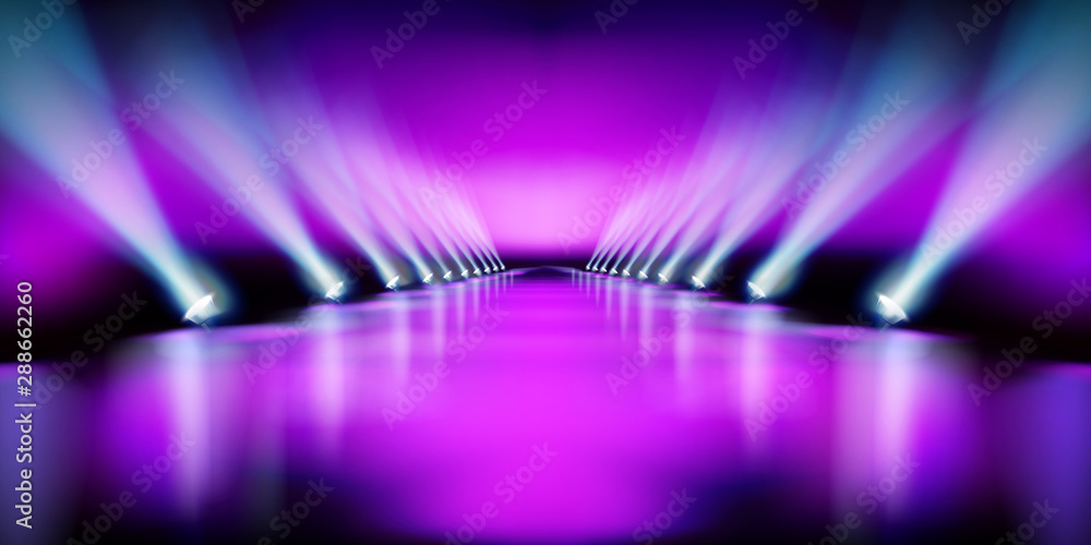 Stage podium during the show. Purple background. Fashion runway. Vector illustration.