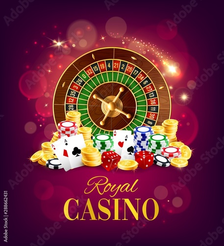 Casino roulette wheel, golden coins and chips
