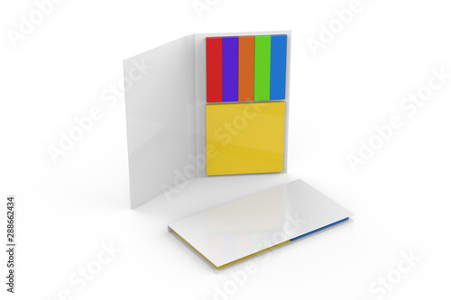 Colored sticky note set and organizer, index Flags and square note book for mock up and branding, 3d illustration