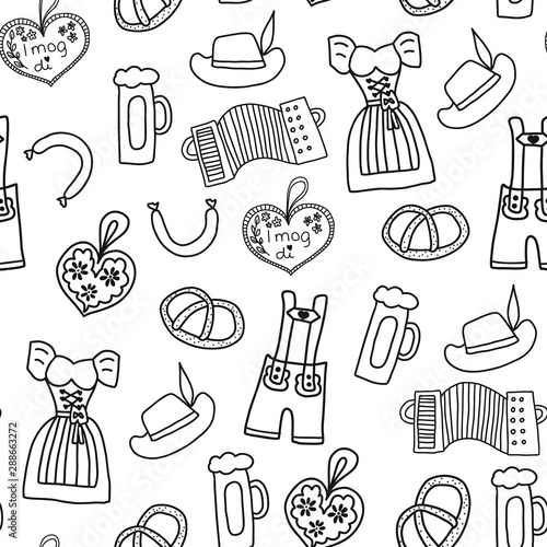 Oktoberfest hand drawn cartoon doodle seamless vector pattern. Oktoberfest repeating background. Traditional German icons. Bavarian beer, Lederhosen, Dirndl, gingerbread heart, sausage, pretzels