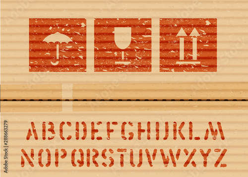 Standard cargo grunge icon box signs and alphabet for cargo and logisticks umbrella, glass, arrows up on cardboard. Vector illustration