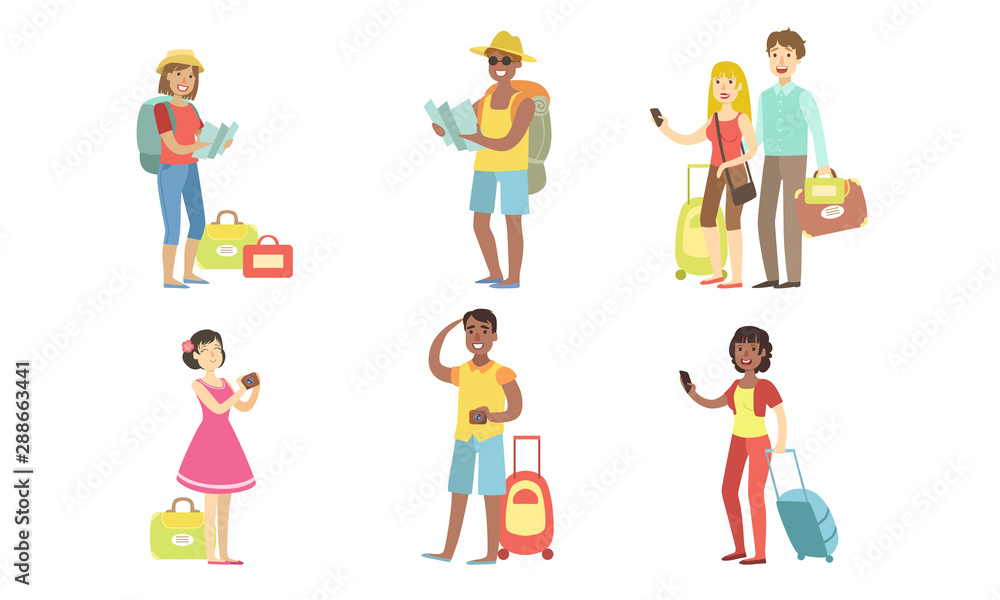 Travel People Characters Set, Happy Tourists with Luggage, Men and Women Traveling on Vacation Vector Illustration