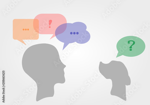 Interaction between dog and man through transparent speech bubbles. Emotional intelligence. Dog as a pet. Relationship between owner and a dog. Understanding dogs' behavior. Vector illustration, flat.