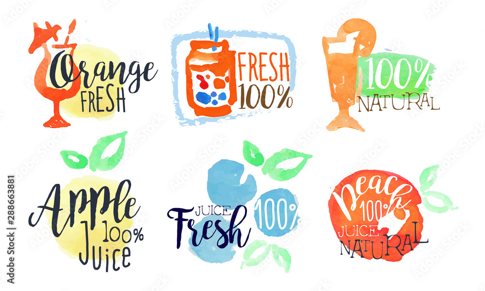 Natural Fresh Juice Bright Labels Set, Eco Bio Healthy Food, Apple, Orange, Peach Juices Watercolor Hand Drawn Vector Illustration
