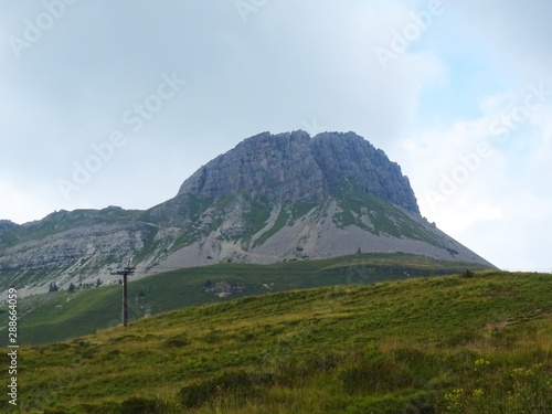 The Pale di San Martino  Some of the most famous peaks of the Dolomites that emerge from the clouds of Trentino  near the town of San Martino di Castrozza  Italy - August 2019.