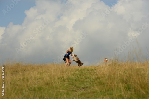 Spiel oder ernst. Junge Frau spielt mit Hund auf einem Berg 