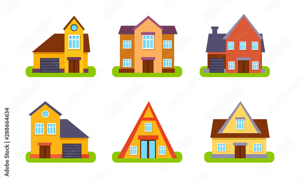 Suburban Residential Houses and Cottages Set,Traditional Real Estate Buildings, Front View Vector Illustration