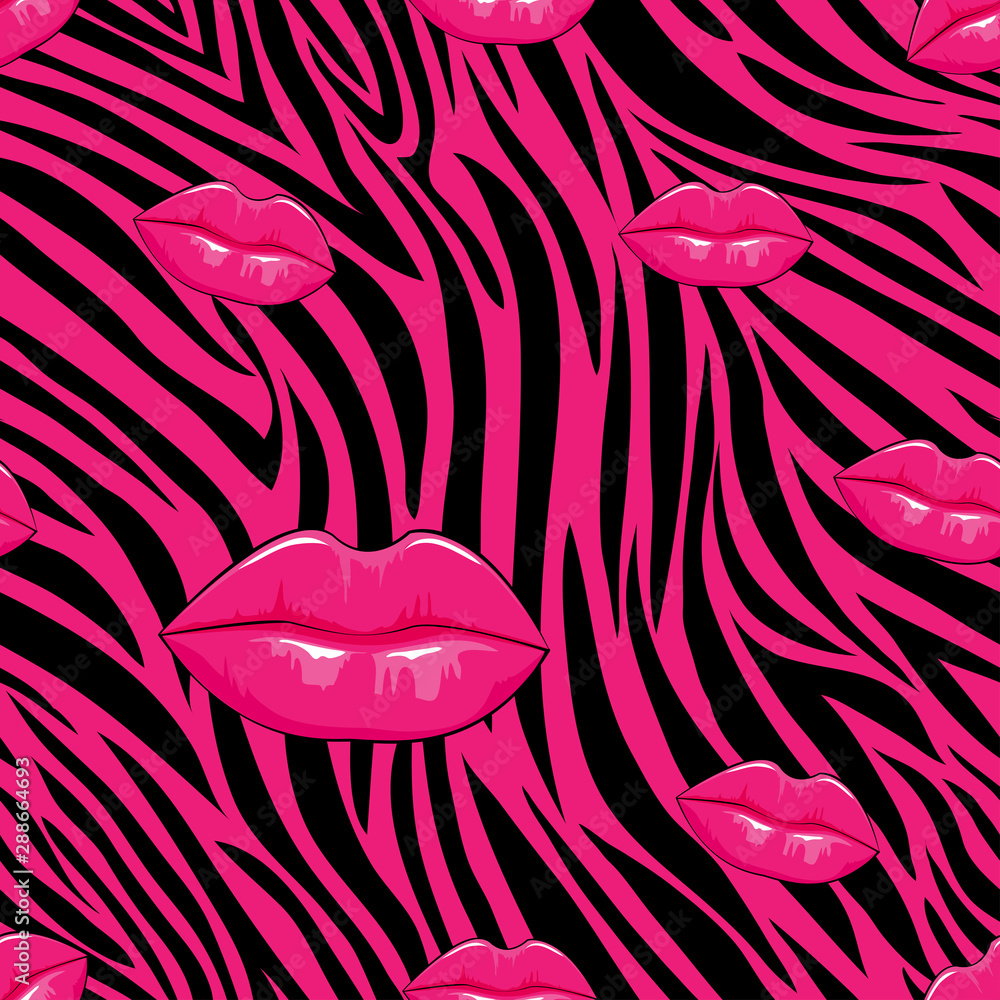 plastic umflătură Aranja  Zebra seamless pattern in abstract style with hot pink lips with black  colour ,Vector illustration seamless swatch in the swatches panel for  wrapping paper, textile, fabric, wallpaper and cloths Stock Vector 