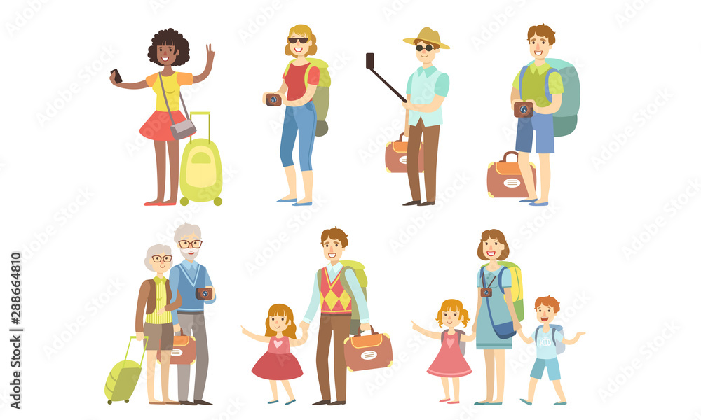 Travell People Characters Set, Happy Tourists with Luggage, Men, Women and Families with Kids Traveling on Vacation Vector Illustration