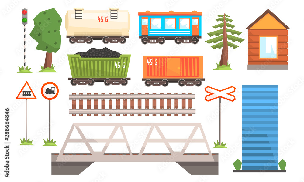 Railway Station Elements Set, Railway Passenger and Freight Transport, Road Signs, Bridge Vector Illustration