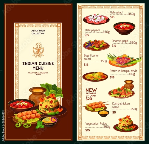 Indian cuisine dishes and salads menu