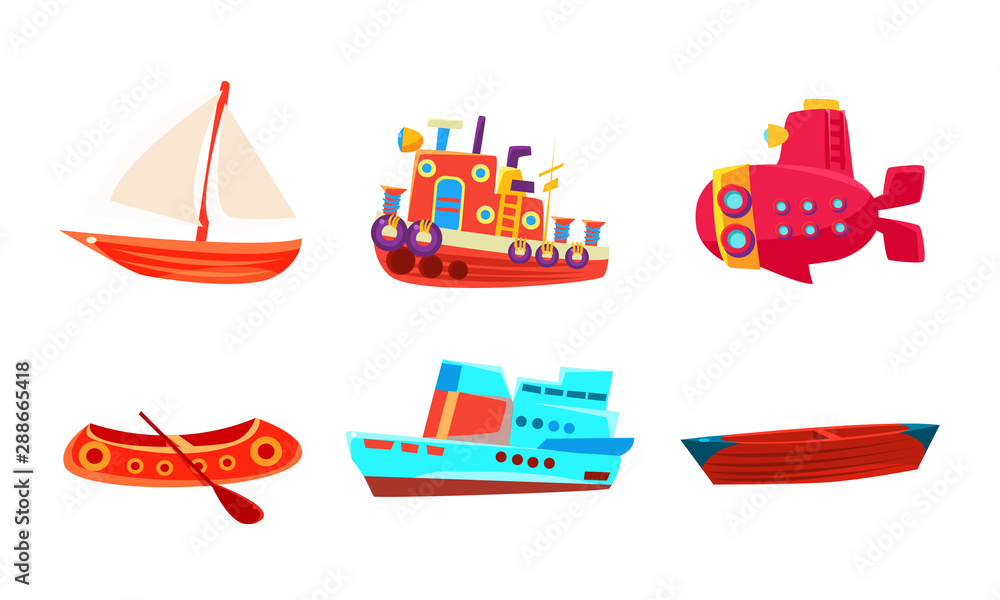 Naklejka premium Water Transport Set, Colorful Toy Boat, Yacht, Ship, Submarine, Steamboat Vector Illustration