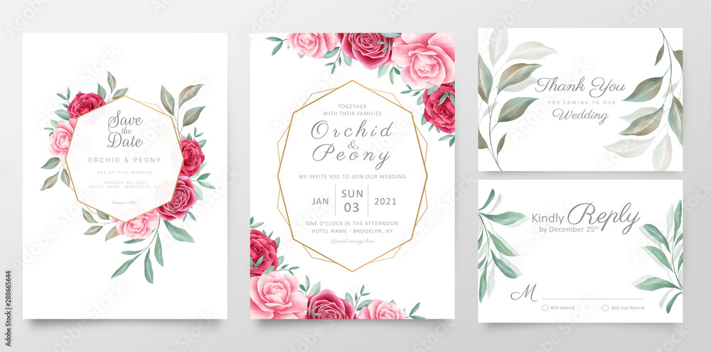 Wedding invitation cards template set. Watercolor floral Save the date, greeting, thank you, rsvp cads