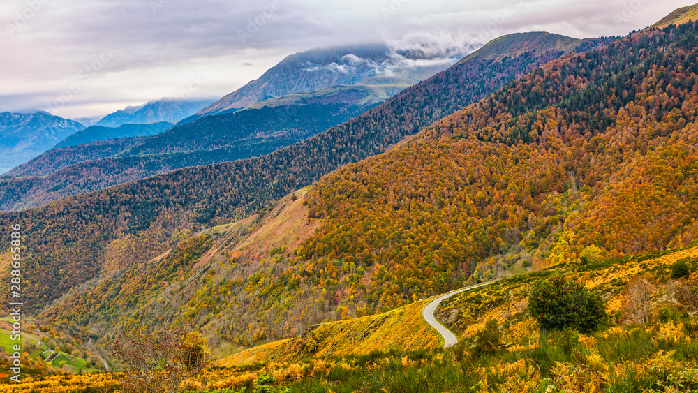 Image of a road located in Pyrenees Mountains during the autumn.