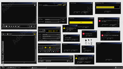 Set of retro user interface of software programs in dark mode theme.