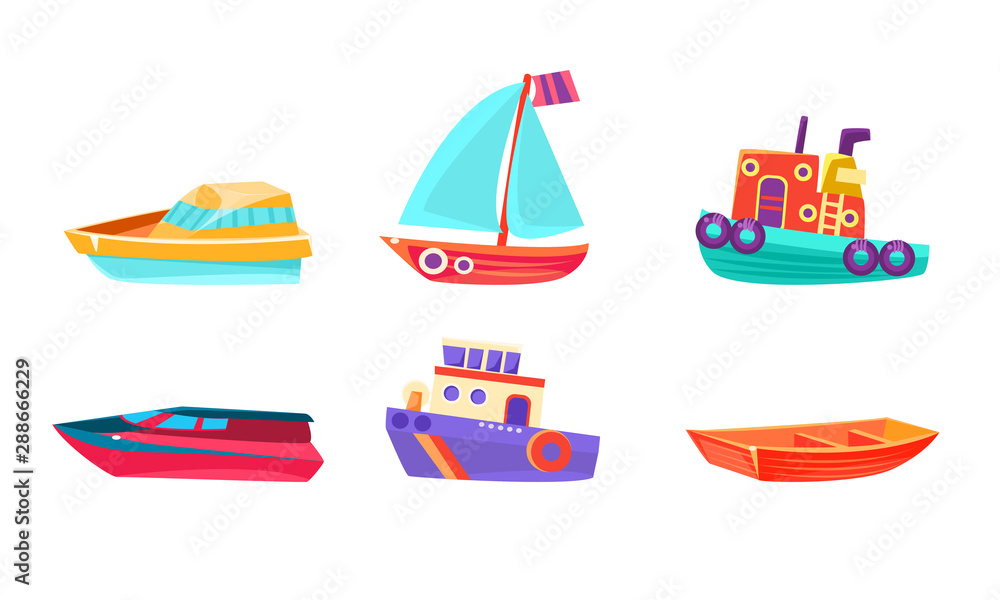 Cute Water Transport Set, Boat, Yacht, Ship, Submarine, Steamboat Vector Illustration Cute Water Transport Set, Boat, Yacht, Ship, Submarine, Steamboat Vector Illustration