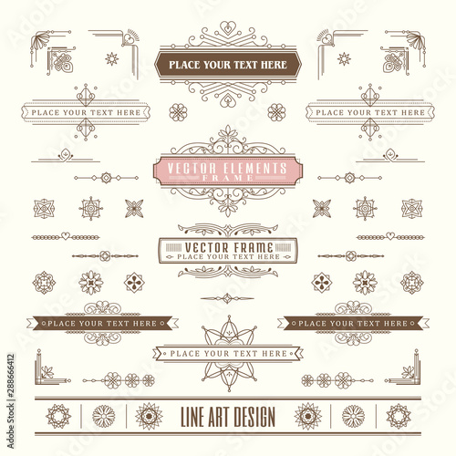 Set of linear thin line art deco retro vintage design elements with frame corner badge in geometric shape