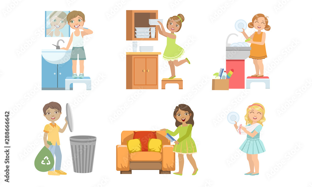 Cute Boys and Girls Doing Different Housework Chores Set, Kids Helping ...