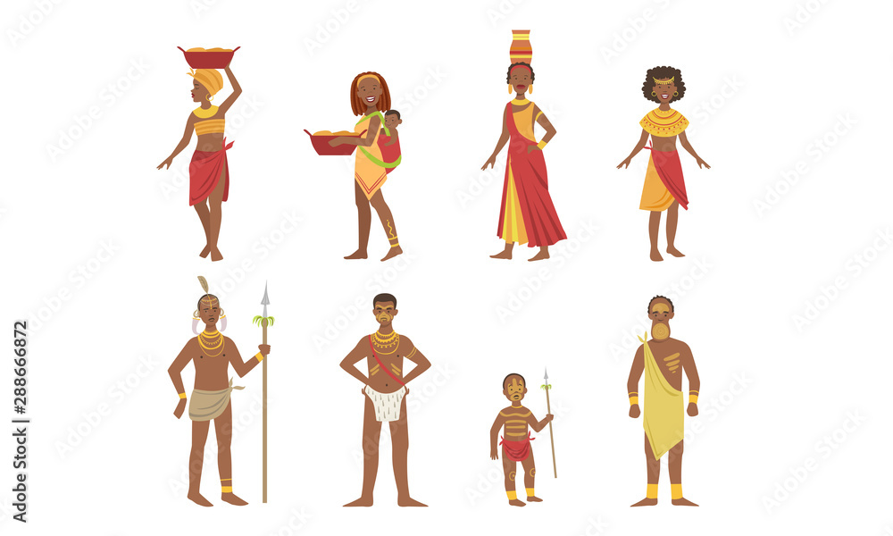 African People Set, Aboriginal Men, Women and Kids in Traditional ...