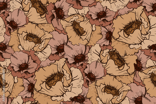 Floral seamless pattern. Vintage style, hand-drawn, imitation ink. Poppy flowers, buds. Delicate pastel colors: brown, beige, powder.