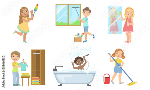 Boys and Girls Doing Different Doing Housework Set, Kids Helping Their Parents with Home Cleaning Vector Illustration