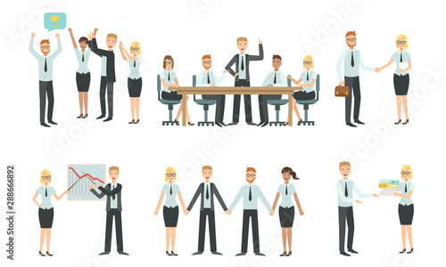 Sucessful Business People Characters Working in Office Set, Teamwork, Business Meeting, Negotiation, Brainstorming Vector Illustration