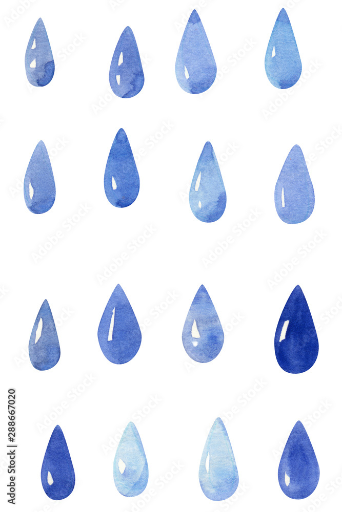 Set of raindrops, hand drawn watercolor illustration isolated on white. Set of raindrops, hand drawn watercolor illustration isolated on white.