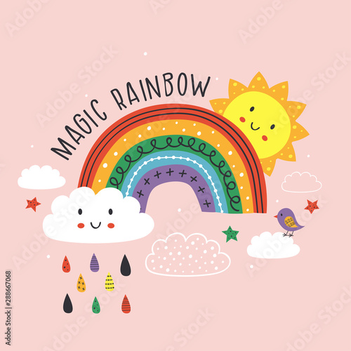 pink poster with magic rainbow, cloud, bird and sun - vector illustration, eps    