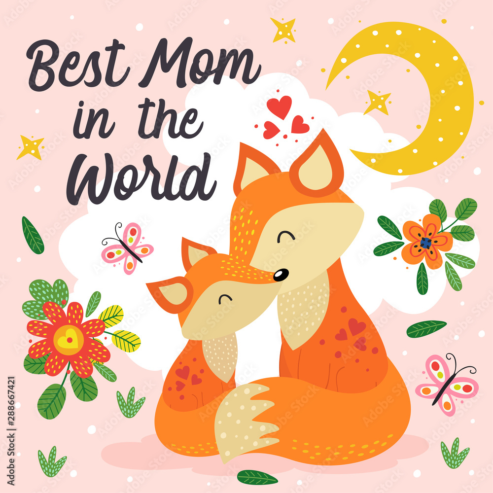 Plakat poster with cute fox mother and baby - vector illustration, eps
