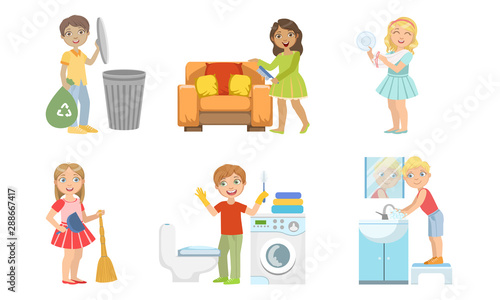 Boys and Girls Doing Different Doing Housework Set, Children Helping Their Parents with Home Cleaning Vector Illustration