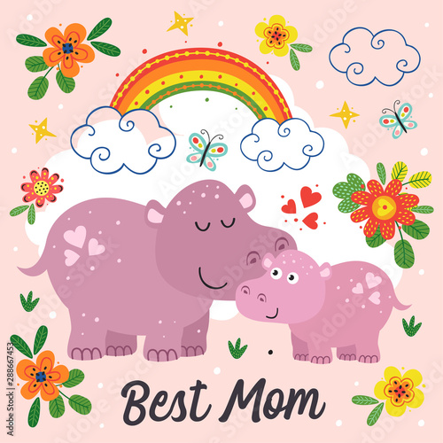poster with cute hippo mother and  baby - vector illustration  eps    