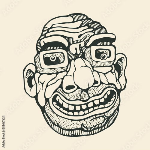 Caricature head of an adult man with glasses. Drawing Style. Vector illustration.