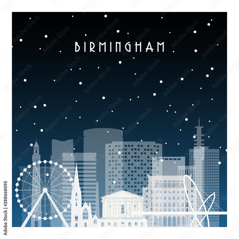Winter night in Birmingham. Night city in flat style for banner, poster, illustration, background.