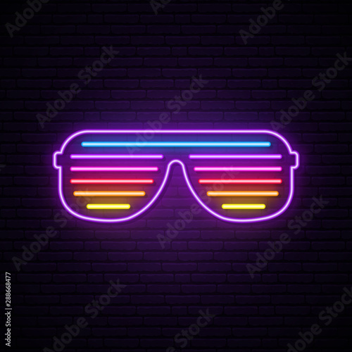 Neon shutter glasses sign. Bright vector sunglasses illustration in retro 80s style.