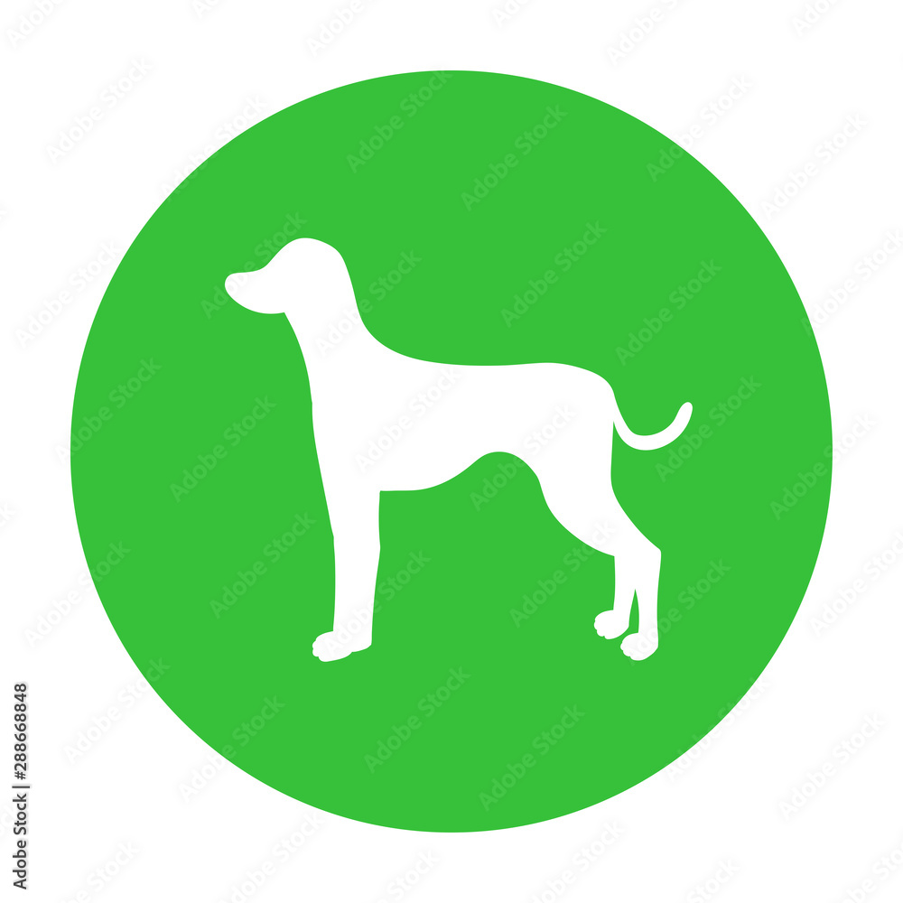 Dog friendly sign. White silhouette of dog on green circle. Vector. Breed dalmatian