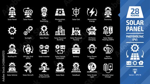 Solar panel icon set in dark mode with sun power photovoltaic (PV) home system and renewable electric energy technology glyph symbols: sunlight, plant, powered building & factory.