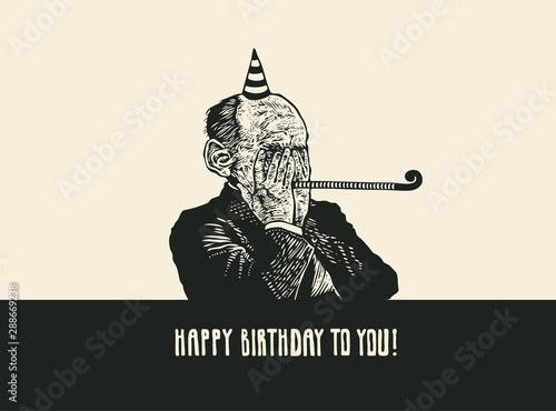 Design Happy Birthday To You with old wrinkled man celebrates his anniversary. Retro linocut engraving style. Vector illustration.