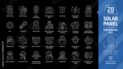 Solar panel outline icon set in dark mode with sun power photovoltaic (PV) home system and renewable electric energy tech editable stroke line signs: EV home charging, water heating (SWH).