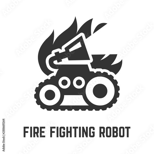 Fire fighting robot icon with mobile autonomous tracked vehicle thermite firefighter with water or foam hose glyph symbol.